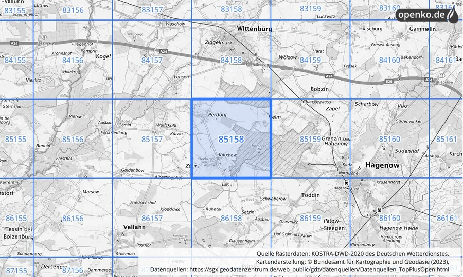 Übersichtskarte des KOSTRA-DWD-2020-Rasterfeldes Nr. 85158