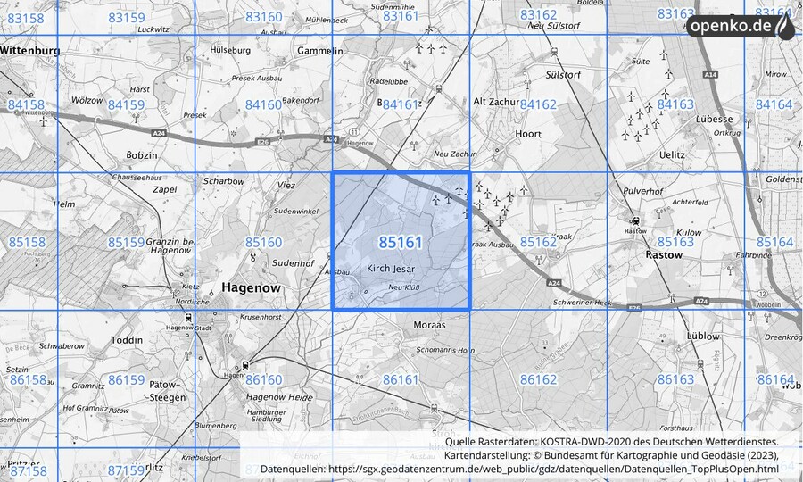 Übersichtskarte des KOSTRA-DWD-2020-Rasterfeldes Nr. 85161