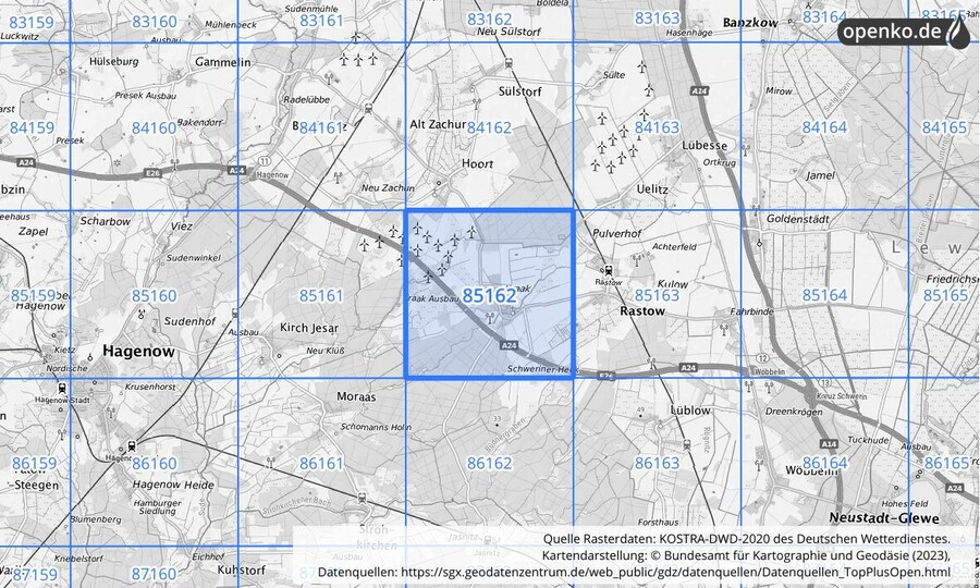 Übersichtskarte des KOSTRA-DWD-2020-Rasterfeldes Nr. 85162