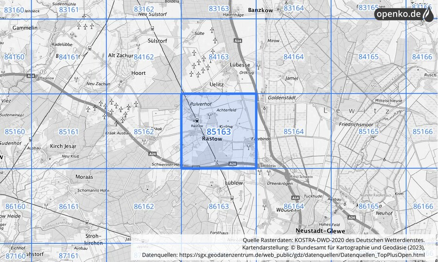 Übersichtskarte des KOSTRA-DWD-2020-Rasterfeldes Nr. 85163