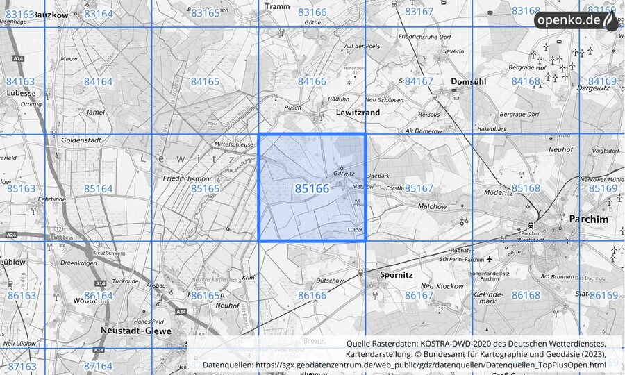 Übersichtskarte des KOSTRA-DWD-2020-Rasterfeldes Nr. 85166