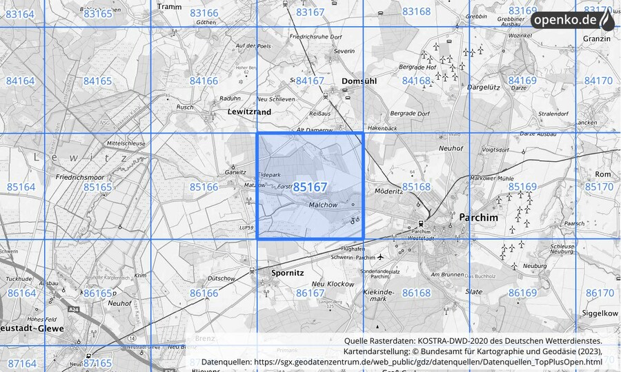 Übersichtskarte des KOSTRA-DWD-2020-Rasterfeldes Nr. 85167