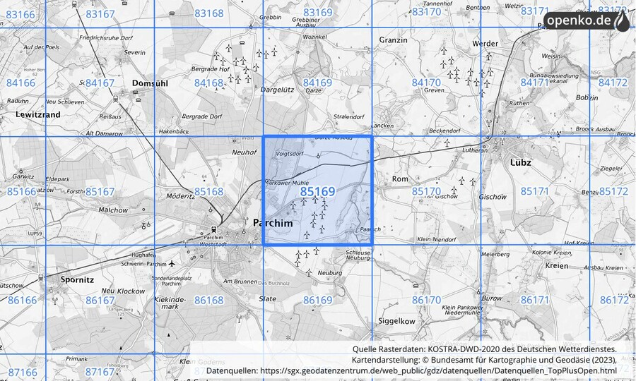 Übersichtskarte des KOSTRA-DWD-2020-Rasterfeldes Nr. 85169