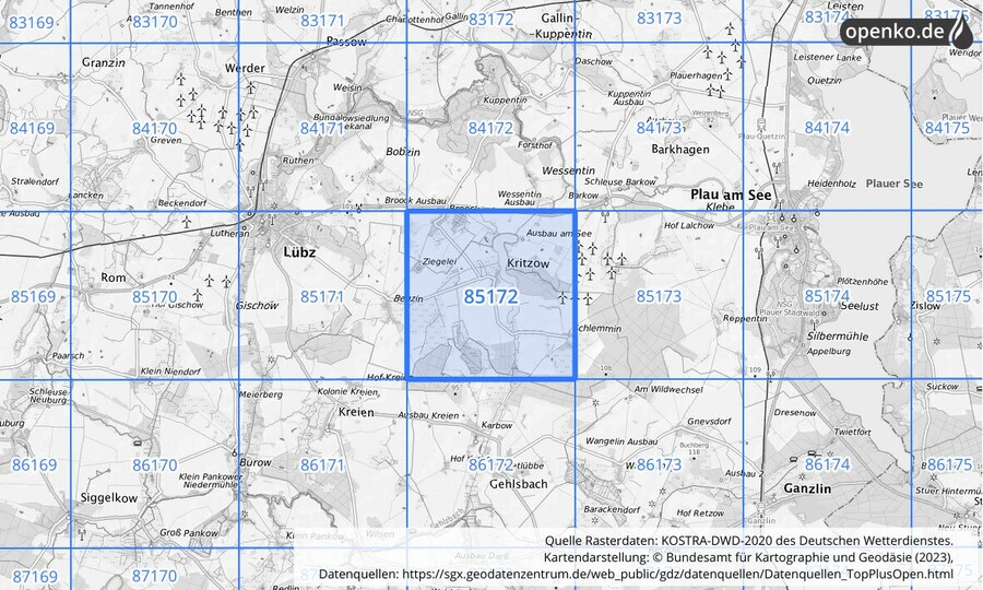 Übersichtskarte des KOSTRA-DWD-2020-Rasterfeldes Nr. 85172