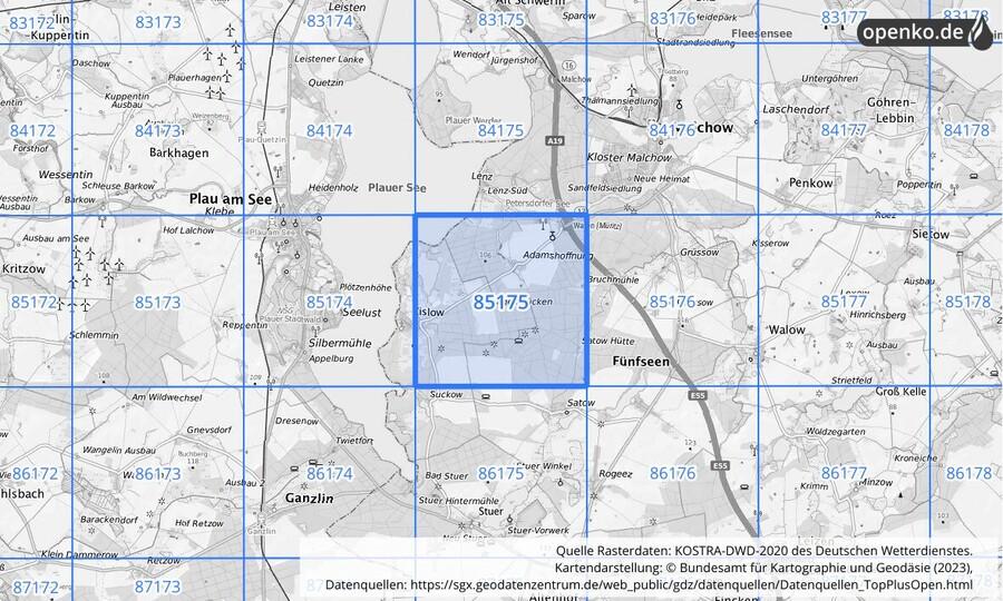 Übersichtskarte des KOSTRA-DWD-2020-Rasterfeldes Nr. 85175