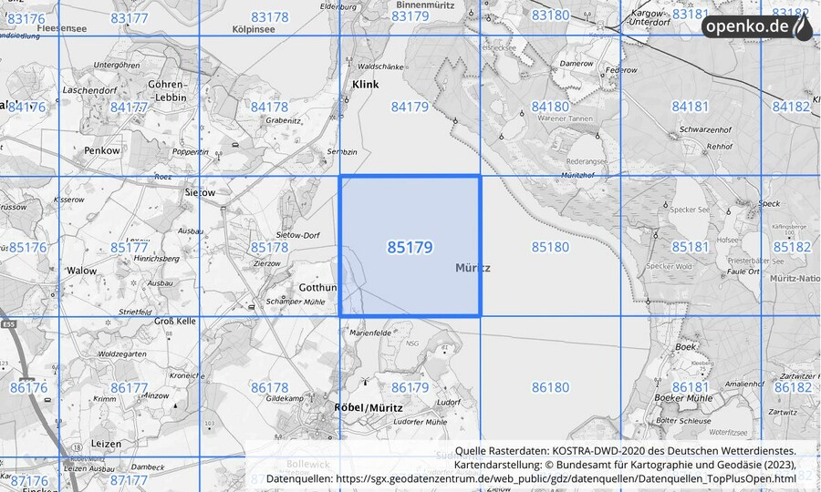 Übersichtskarte des KOSTRA-DWD-2020-Rasterfeldes Nr. 85179