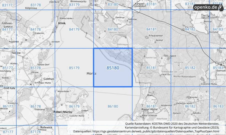 Übersichtskarte des KOSTRA-DWD-2020-Rasterfeldes Nr. 85180