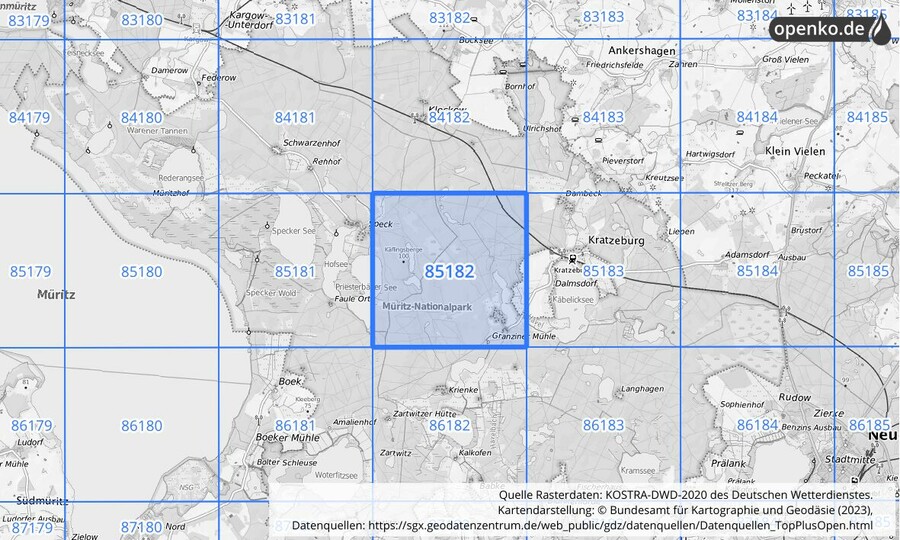 Übersichtskarte des KOSTRA-DWD-2020-Rasterfeldes Nr. 85182