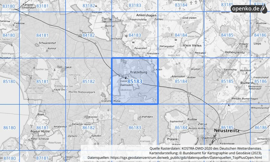 Übersichtskarte des KOSTRA-DWD-2020-Rasterfeldes Nr. 85183