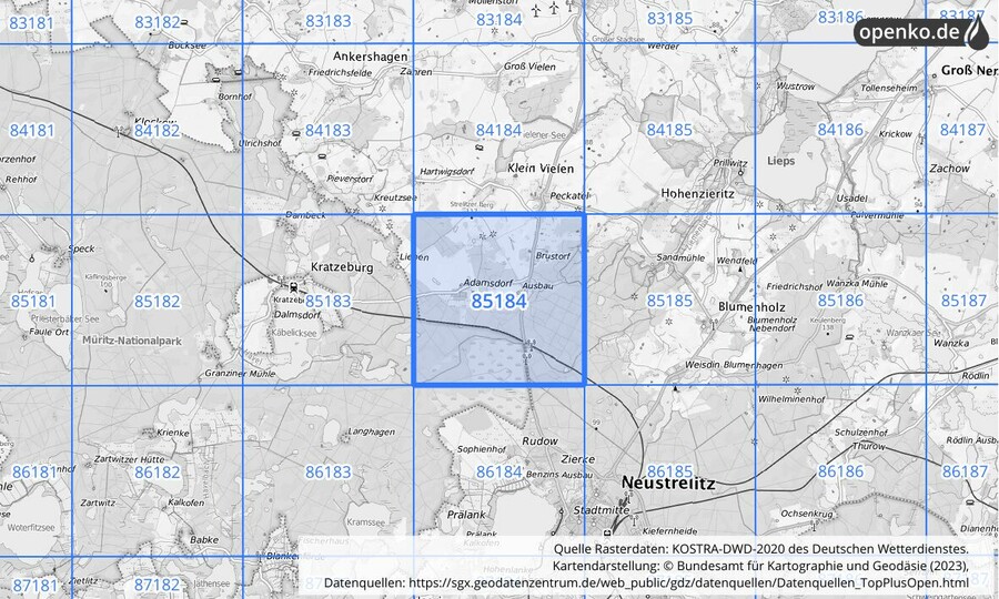 Übersichtskarte des KOSTRA-DWD-2020-Rasterfeldes Nr. 85184