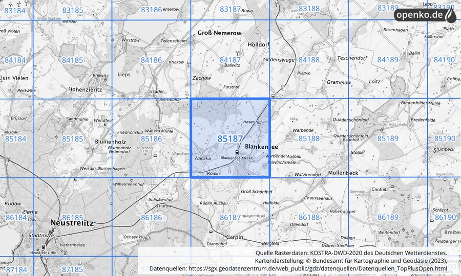 Übersichtskarte des KOSTRA-DWD-2020-Rasterfeldes Nr. 85187