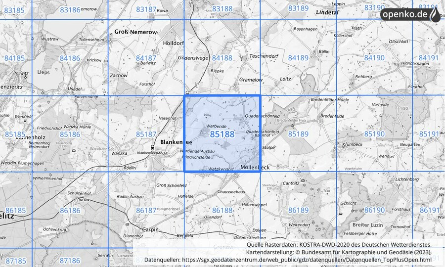 Übersichtskarte des KOSTRA-DWD-2020-Rasterfeldes Nr. 85188