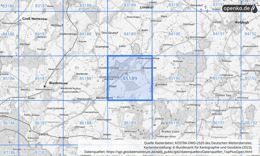 Übersichtskarte des KOSTRA-DWD-2020-Rasterfeldes Nr. 85189