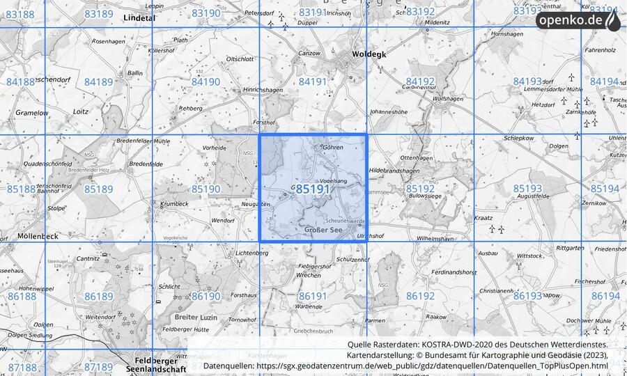 Übersichtskarte des KOSTRA-DWD-2020-Rasterfeldes Nr. 85191