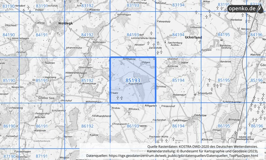 Übersichtskarte des KOSTRA-DWD-2020-Rasterfeldes Nr. 85193