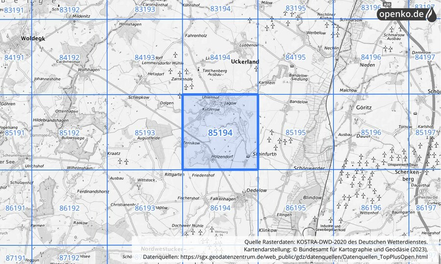 Übersichtskarte des KOSTRA-DWD-2020-Rasterfeldes Nr. 85194