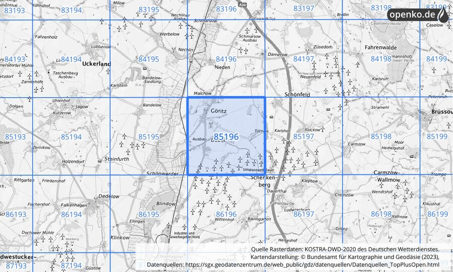 Übersichtskarte des KOSTRA-DWD-2020-Rasterfeldes Nr. 85196