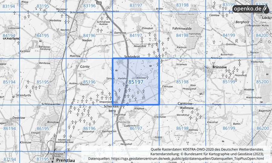 Übersichtskarte des KOSTRA-DWD-2020-Rasterfeldes Nr. 85197