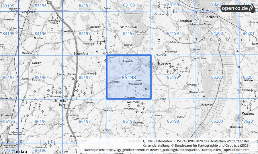 Übersichtskarte des KOSTRA-DWD-2020-Rasterfeldes Nr. 85198