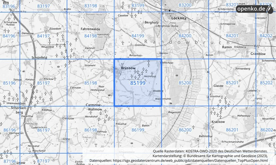 Übersichtskarte des KOSTRA-DWD-2020-Rasterfeldes Nr. 85199