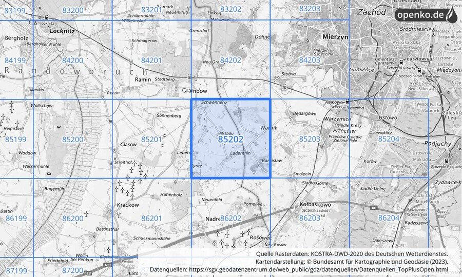 Übersichtskarte des KOSTRA-DWD-2020-Rasterfeldes Nr. 85202