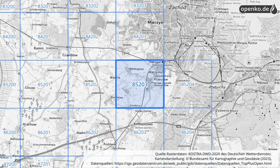 Übersichtskarte des KOSTRA-DWD-2020-Rasterfeldes Nr. 85203