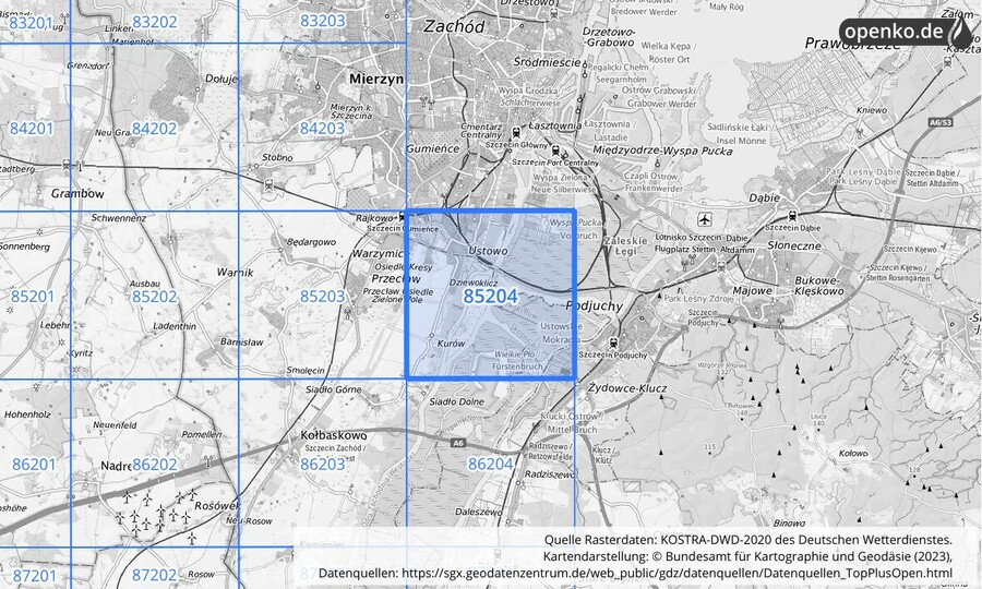 Übersichtskarte des KOSTRA-DWD-2020-Rasterfeldes Nr. 85204