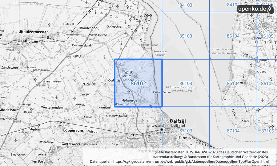 Übersichtskarte des KOSTRA-DWD-2020-Rasterfeldes Nr. 86102