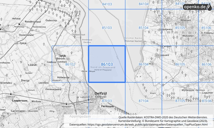 Übersichtskarte des KOSTRA-DWD-2020-Rasterfeldes Nr. 86103