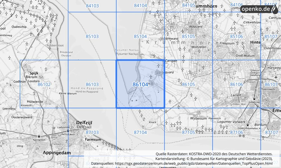 Übersichtskarte des KOSTRA-DWD-2020-Rasterfeldes Nr. 86104
