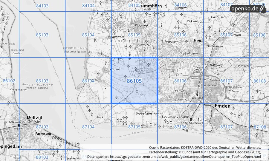 Übersichtskarte des KOSTRA-DWD-2020-Rasterfeldes Nr. 86105
