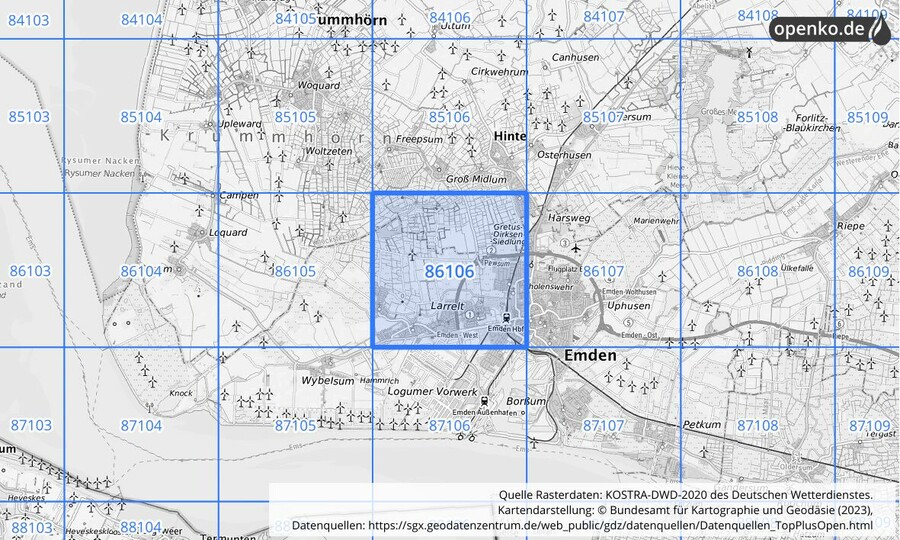 Übersichtskarte des KOSTRA-DWD-2020-Rasterfeldes Nr. 86106