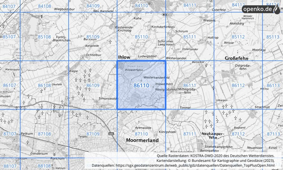 Übersichtskarte des KOSTRA-DWD-2020-Rasterfeldes Nr. 86110