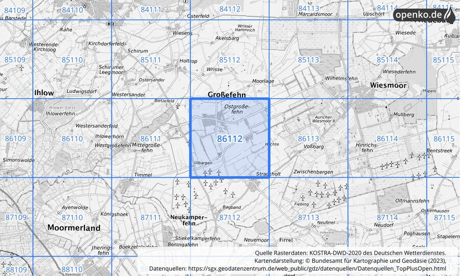 Übersichtskarte des KOSTRA-DWD-2020-Rasterfeldes Nr. 86112