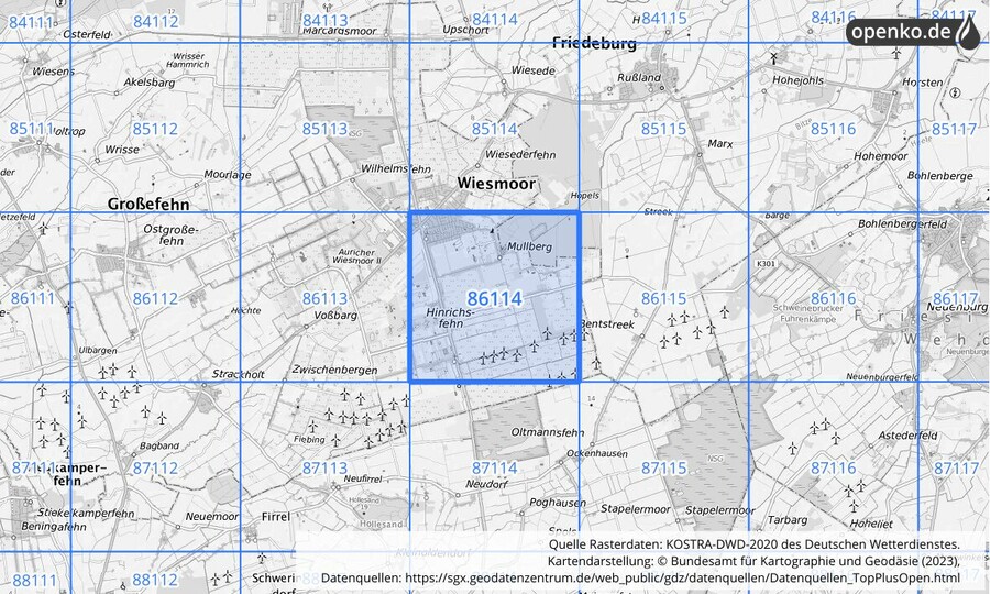 Übersichtskarte des KOSTRA-DWD-2020-Rasterfeldes Nr. 86114