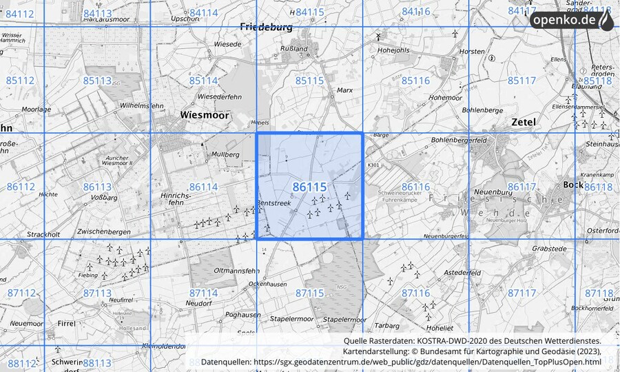 Übersichtskarte des KOSTRA-DWD-2020-Rasterfeldes Nr. 86115