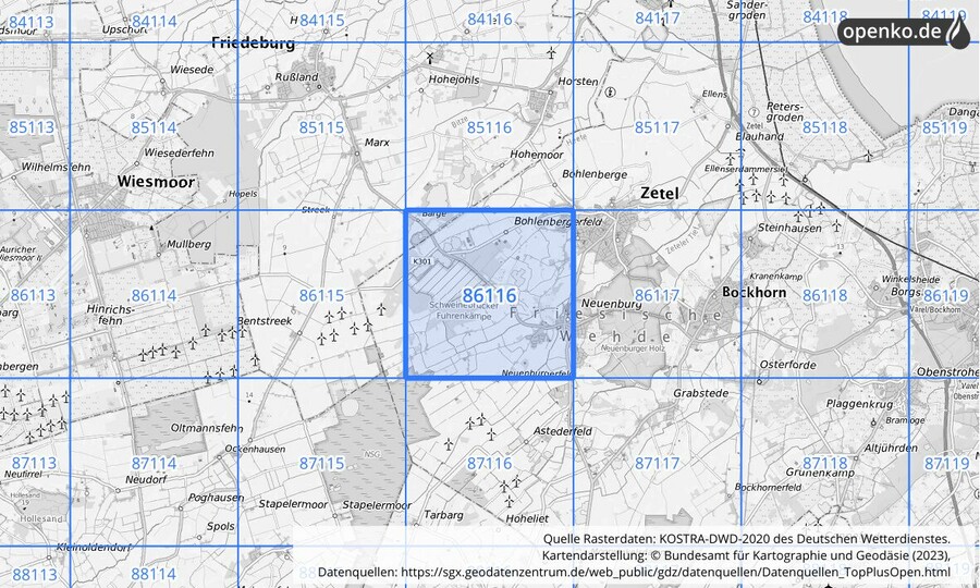 Übersichtskarte des KOSTRA-DWD-2020-Rasterfeldes Nr. 86116