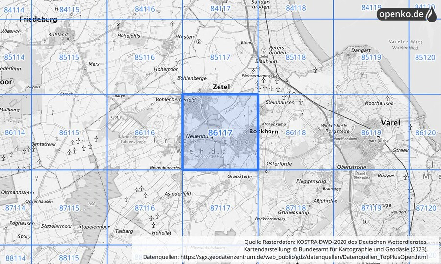 Übersichtskarte des KOSTRA-DWD-2020-Rasterfeldes Nr. 86117