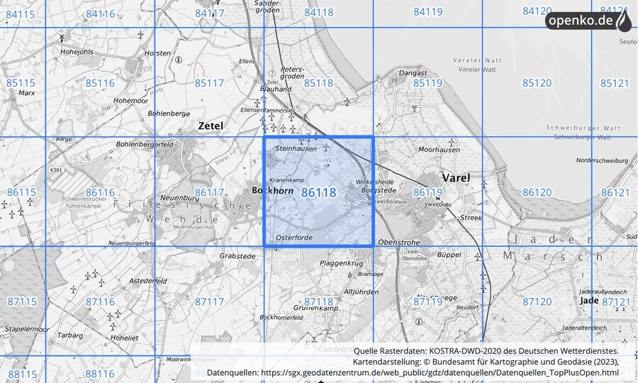 Übersichtskarte des KOSTRA-DWD-2020-Rasterfeldes Nr. 86118