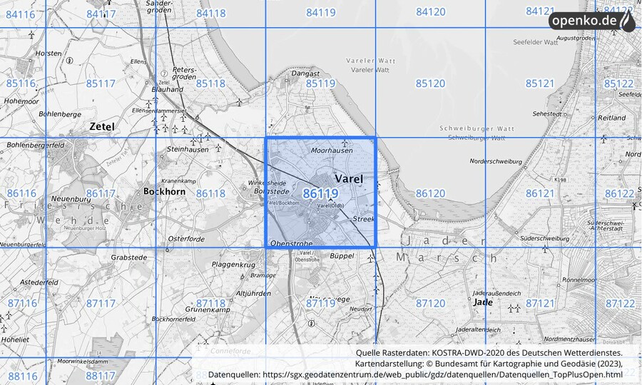 Übersichtskarte des KOSTRA-DWD-2020-Rasterfeldes Nr. 86119