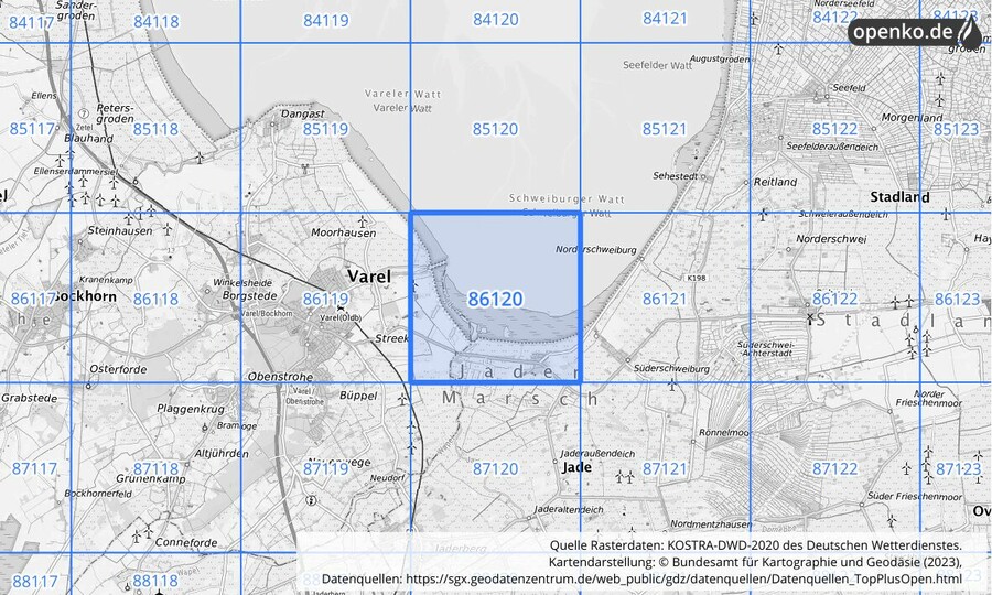 Übersichtskarte des KOSTRA-DWD-2020-Rasterfeldes Nr. 86120