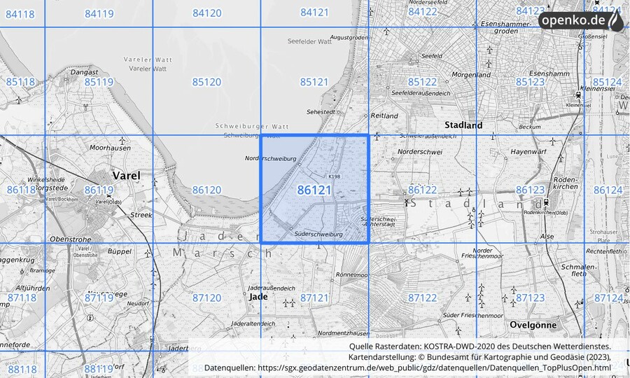 Übersichtskarte des KOSTRA-DWD-2020-Rasterfeldes Nr. 86121