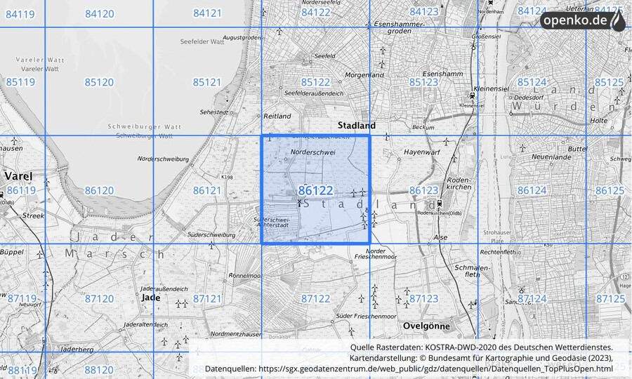 Übersichtskarte des KOSTRA-DWD-2020-Rasterfeldes Nr. 86122