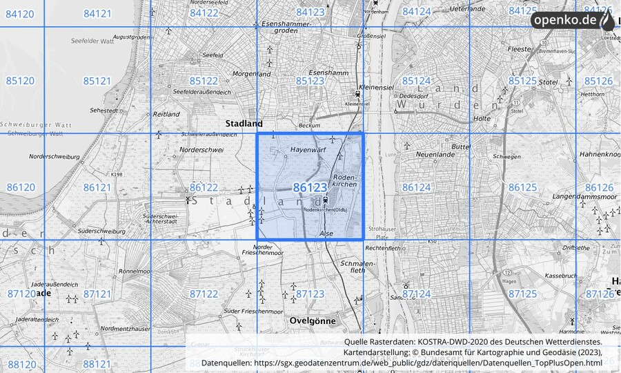 Übersichtskarte des KOSTRA-DWD-2020-Rasterfeldes Nr. 86123