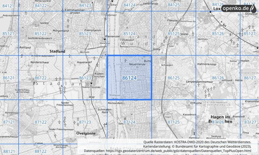 Übersichtskarte des KOSTRA-DWD-2020-Rasterfeldes Nr. 86124