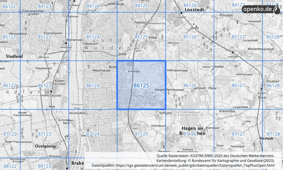 Übersichtskarte des KOSTRA-DWD-2020-Rasterfeldes Nr. 86125