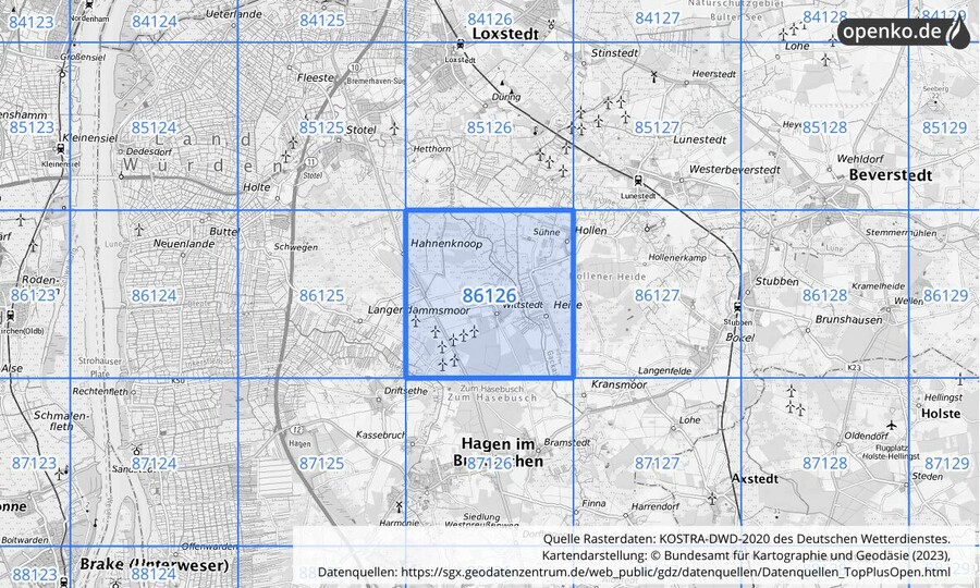 Übersichtskarte des KOSTRA-DWD-2020-Rasterfeldes Nr. 86126