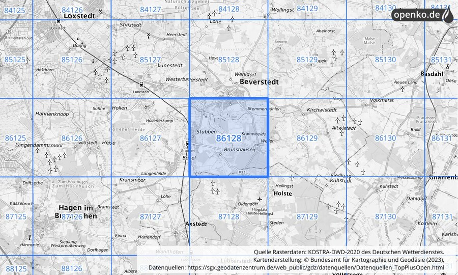 Übersichtskarte des KOSTRA-DWD-2020-Rasterfeldes Nr. 86128