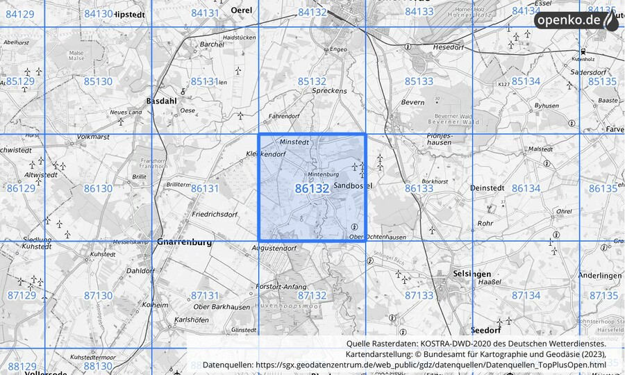 Übersichtskarte des KOSTRA-DWD-2020-Rasterfeldes Nr. 86132