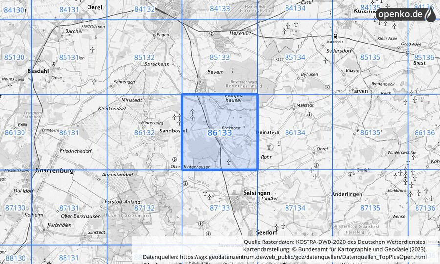 Übersichtskarte des KOSTRA-DWD-2020-Rasterfeldes Nr. 86133